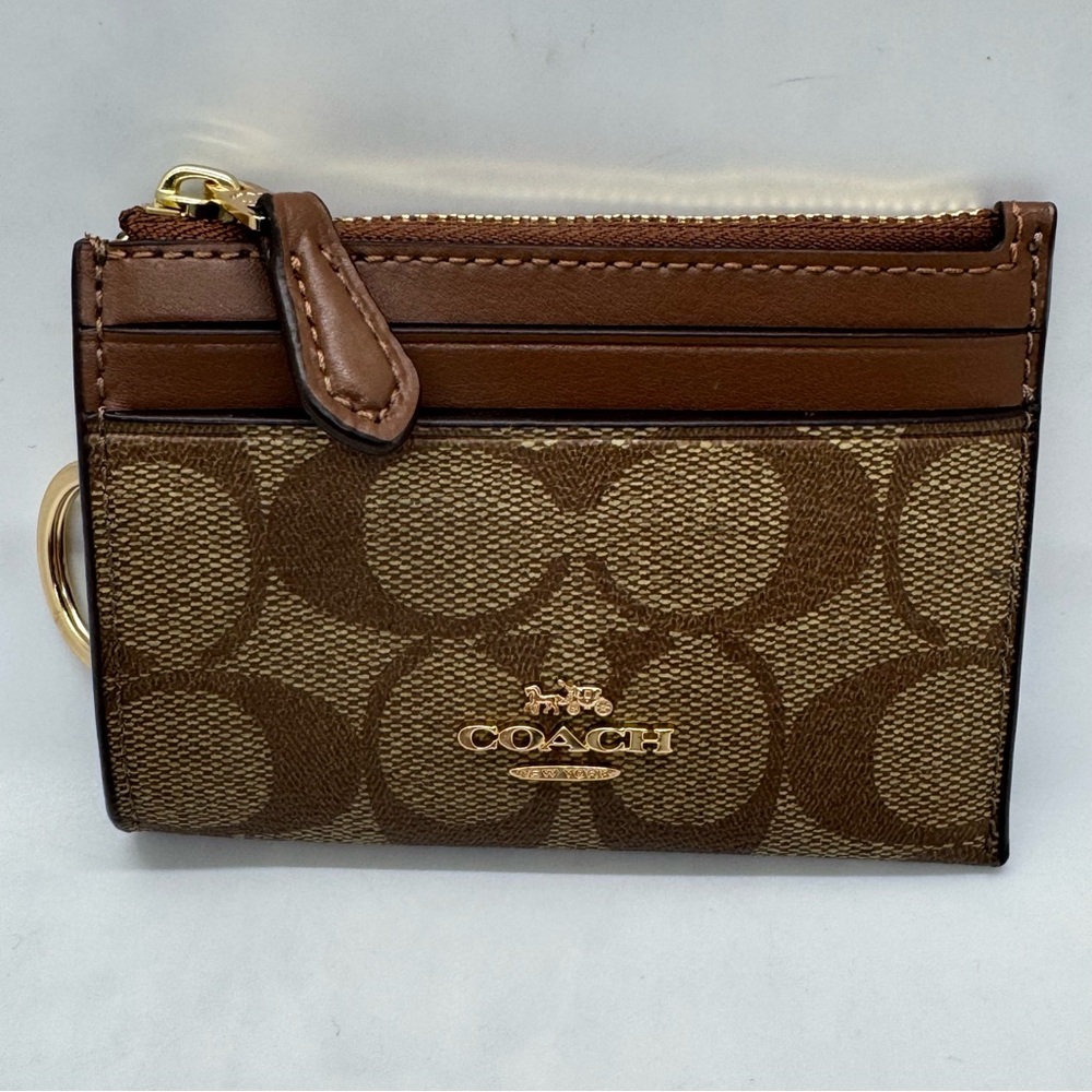 COACH Mini Skinny Id Case In Signature Canvas Card Brown Gold Wallet - Picture 3 of 12